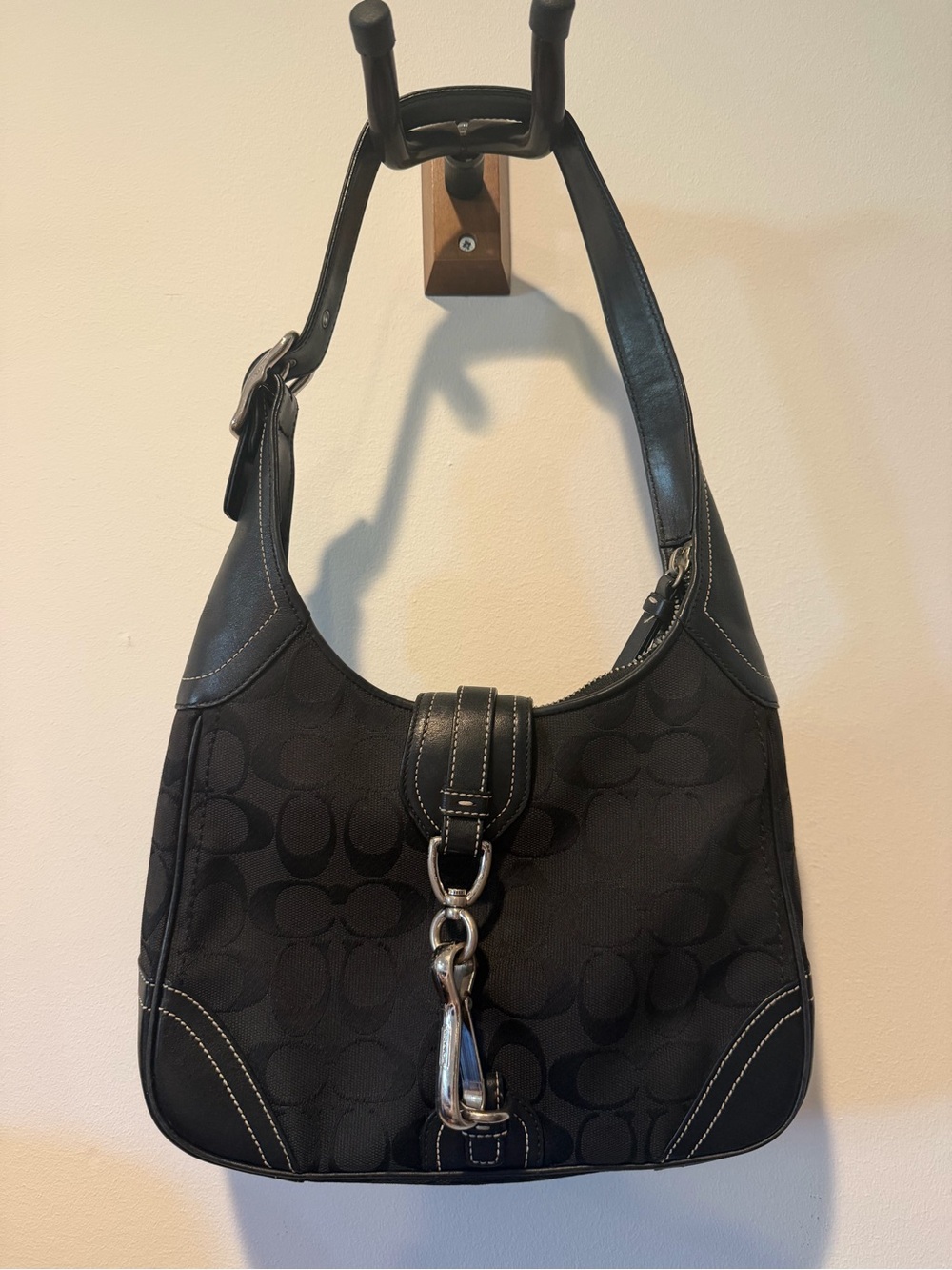 Coach Black Signature Hobo with Silver-Tone Hardware